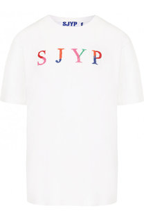Хлопковая футболка с круглым вырезом и контрастной вышивкой Steve J &amp; Yoni P