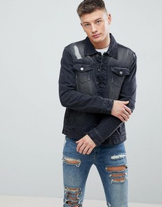 Выбеленная черная джинсовая куртка с рваной отделкой Hoxton Denim - Черный