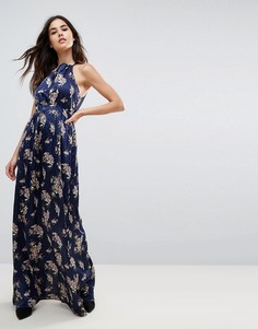 Атласное платье макси с цветочным принтом Wyldr - Темно-синий
