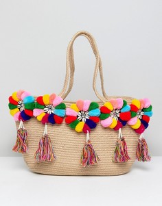 Разноцветная пляжная сумка с помпонами America & Beyond - Мульти