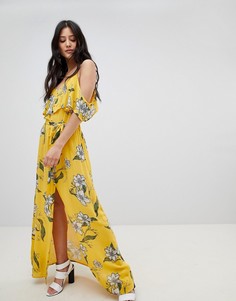 Платье макси с цветочным принтом и открытыми плечами River Island - Желтый