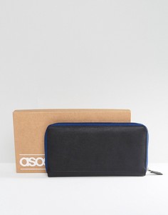 Черный кожаный дорожный бумажник для документов с контрастной темно-синей молнией ASOS - Черный