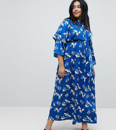 Платье макси с оборками и принтом Yumi Plus - Синий
