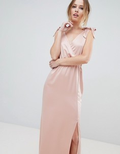 Платье макси с глубоким вырезом и завязками на плечах Silver Bloom - Розовый