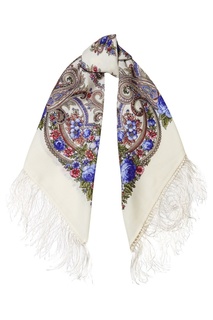 Белый платок с цветочным орнаментом Павловопосадская Платочная Мануфактура
