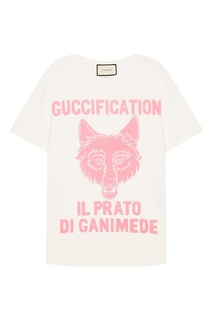 Белая футболка с принтом и надписью Gucci