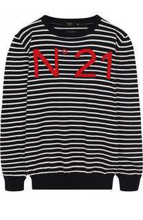Хлопковый пуловер в полоску с логотипом бренда No. 21