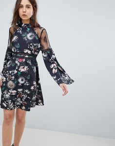 Короткое приталенное платье с цветочным принтом и кружевной отделкой Neon Rose - Черный