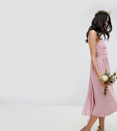 Платье миди для подружки невесты с запахом и поясом TFNC Tall - Розовый