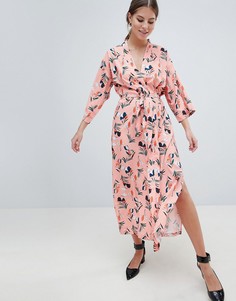 Платье миди с цветочным принтом, расклешенными рукавами и поясом Uttam Boutique - Черный