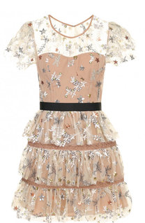 Приталенное мини-платье с контрастной вышивкой self-portrait