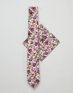 Галстук и платок для нагрудного кармана розового цвета с цветочным принтом Burton Menswear Wedding - Розовый