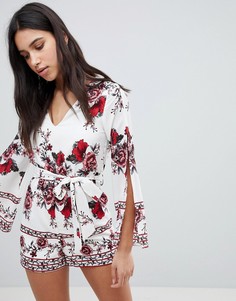 Ромпер с принтом по краю и поясом Parisian - Белый