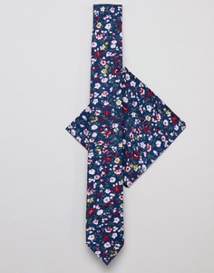 Галстук и платок для нагрудного кармана темно-синего цвета с цветочным принтом Burton Menswear Wedding - Темно-синий