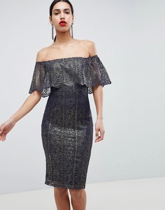 Платье миди с открытыми плечами и оборкой Girl In Mind - Темно-синий