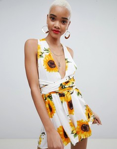 Ромпер с принтом подсолнухов и поясом PrettyLittleThing - Белый