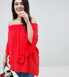 Блузка с широким вырезом и асимметричными драпированными оборками на рукавах Lovedrobe - Красный
