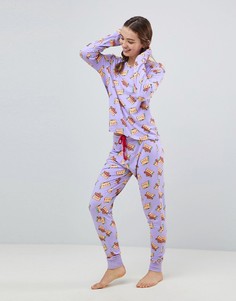 Пижамные лонгслив и штаны с принтом котов и тако Chelsea Peers - Фиолетовый