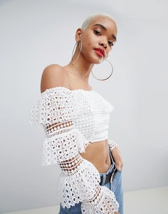 Кружевной кроп-топ с ярусными рукавами PrettyLittleThing - Белый