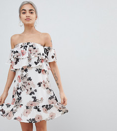 Платье мини с открытыми плечами, цветочным принтом и оборками Parisian Petite - Белый