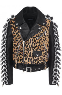 Кожаная куртка с косой молнией и декорированной отделкой Dsquared2