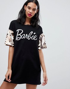 Платье-футболка с пайетками на рукавах и блестящим логотипом Barbie Missguided - Черный