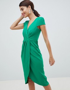 Платье-футляр миди с открытыми плечами и запахом City Goddess - Зеленый