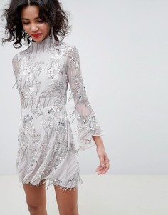 Короткое приталенное платье с отделкой пайетками и бахромой ASOS EDITION - Серый