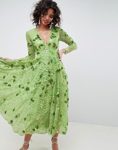 Платье миди с V-образным вырезом и декоративной отделкой ASOS EDITION - Зеленый