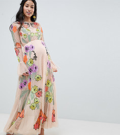 Платье макси с цветочной вышивкой ASOS EDITION Maternity - Бежевый