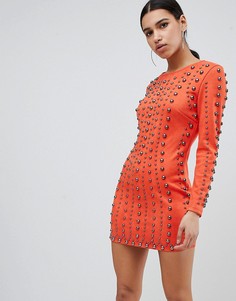 Облегающее платье с длинными рукавами и отделкой заклепками Club L - Оранжевый