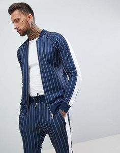 Обтягивающий спортивный топ в тонкую полоску с широкой полосой по бокам The Couture Club - Темно-синий