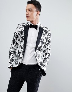 Черно-белый облегающий пиджак с принтом пальм и контрастными черными кружевными лацканами ASOS EDITION - Черный