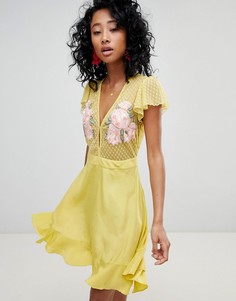 Платье мини с оборками и цветочной вышивкой Cleobella - Желтый