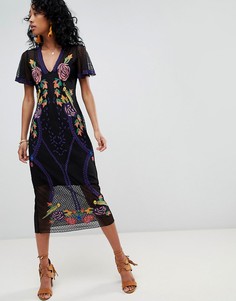 Кружевное платье миди с цветочной вышивкой Cleobella - Черный