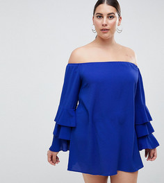 Платье с открытыми плечами и ярусными рукавами AX Paris Plus - Темно-синий