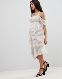 Платье-футляр миди в горошек с оборками ASOS DESIGN Maternity - Белый