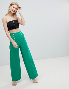Широкие брюки с золотистыми пуговицами Flounce London - Зеленый