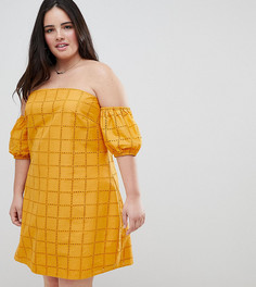 Сарафан мини с открытыми плечами и вышивкой ришелье ASOS DESIGN Curve - Желтый
