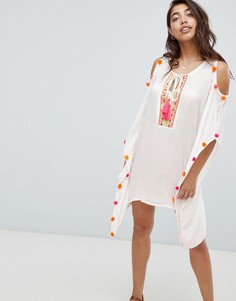 Пляжное платье с вырезами на плечах и неоновыми помпонами Anmol - Белый