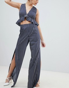 Широкие брюки в полоску с разрезами по бокам PrettyLittleThing - Темно-синий