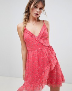 Платье с цветочным принтом, запахом и оборками Abercrombie & Fitch - Красный
