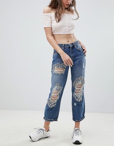 Состаренные джинсы прямого кроя с отделкой River Island - Синий