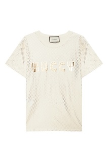 Бежевая футболка с ламинированной отделкой Gucci