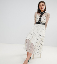 Платье миди в горошек с кружевными вставками Lace & Beads - Кремовый