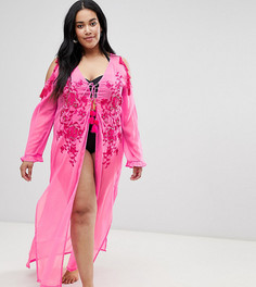 Пляжное платье-кимоно макси с завязкой и цветочной вышивкой River Island Plus - Розовый