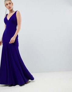 Плиссированное платье макси с глубоким вырезом Jovani - Синий