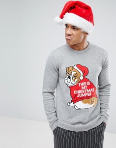 Серый джемпер с рисунком бульдога Pull&Bear Christmas - Серый Pull&;Bear