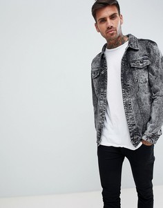 Черная джинсовая куртка с эффектом кислотной Pull&Bear - Синий Pull&;Bear