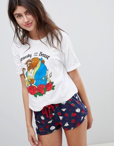 Пижама из футболки и шортов с принтом Красавица и Чудовище New Look - Белый
